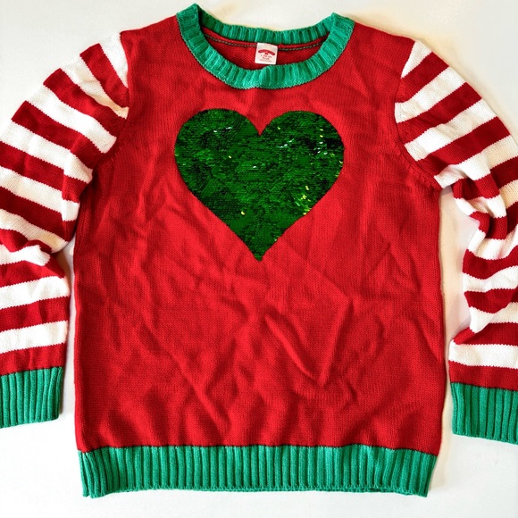 HOLIDAY TIME Christmas Sweater~Flip Sequin Green/Silver Heart~Girls L 10-12 PLUS - Picture 2 of 12